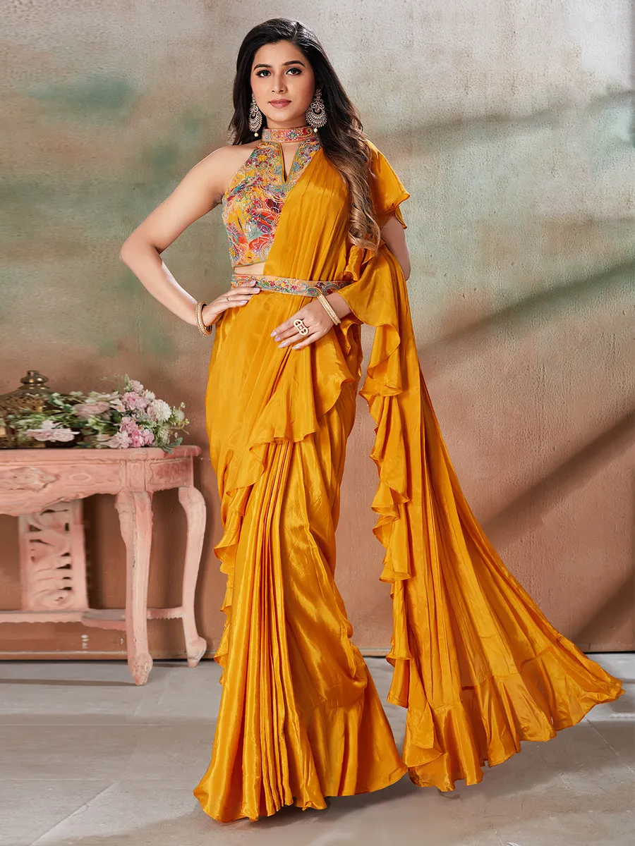 Orange satin pre drape saree