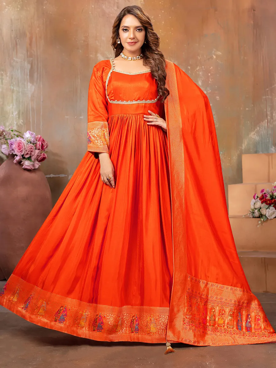 Orange silk anarkali floor length suit