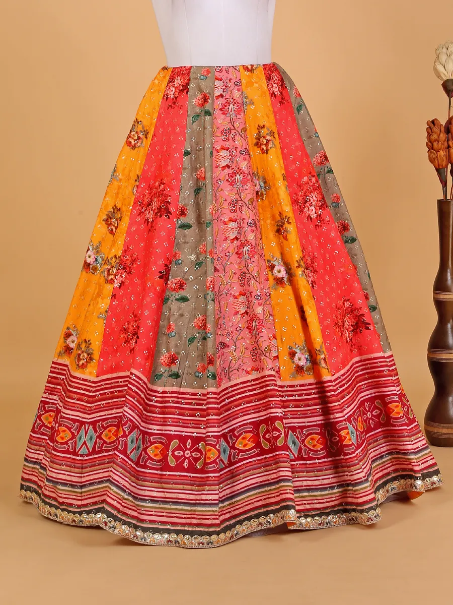 Orange silk floral print lehenga choli