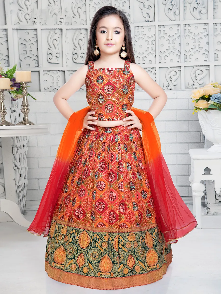 Orange silk printed lehenga choli