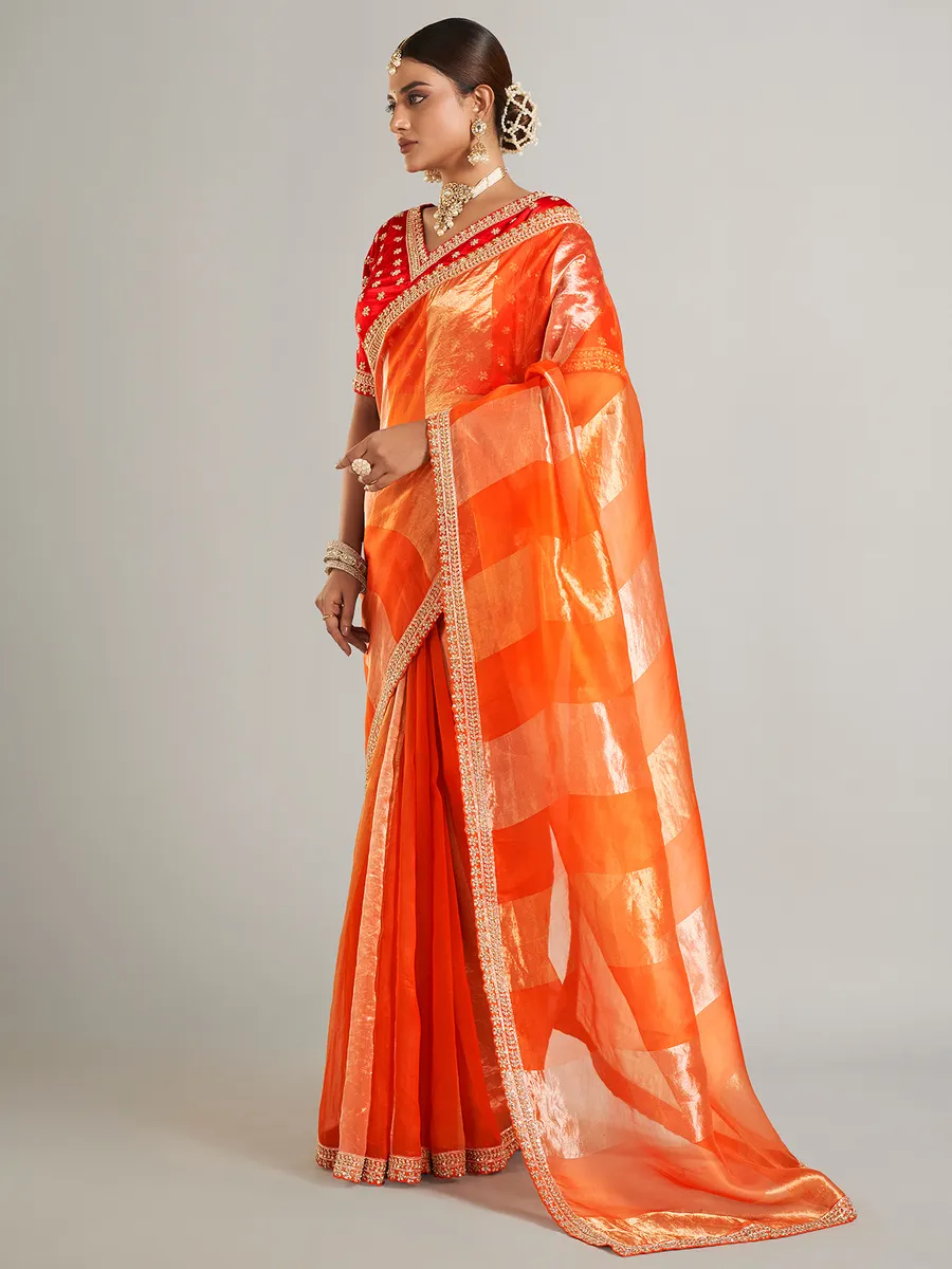 Orange tissue silk saree for wedding