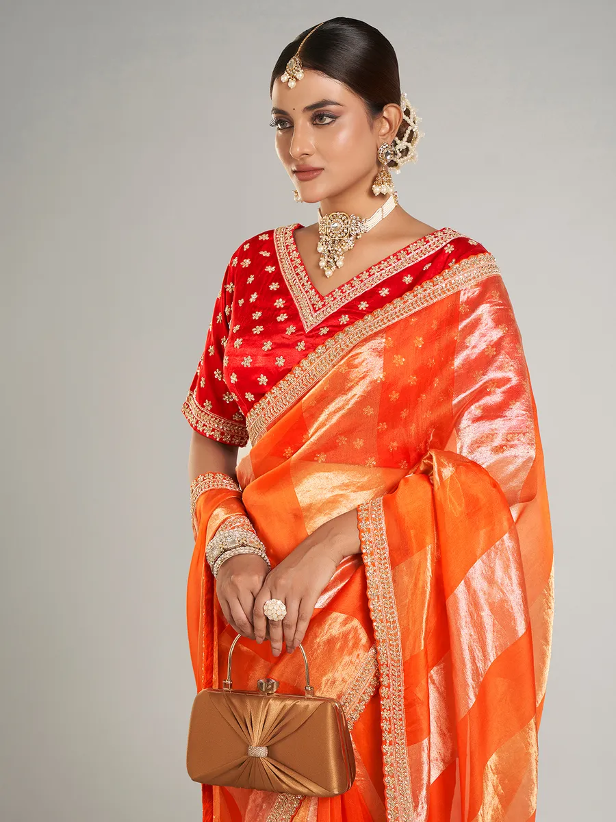Orange tissue silk saree for wedding