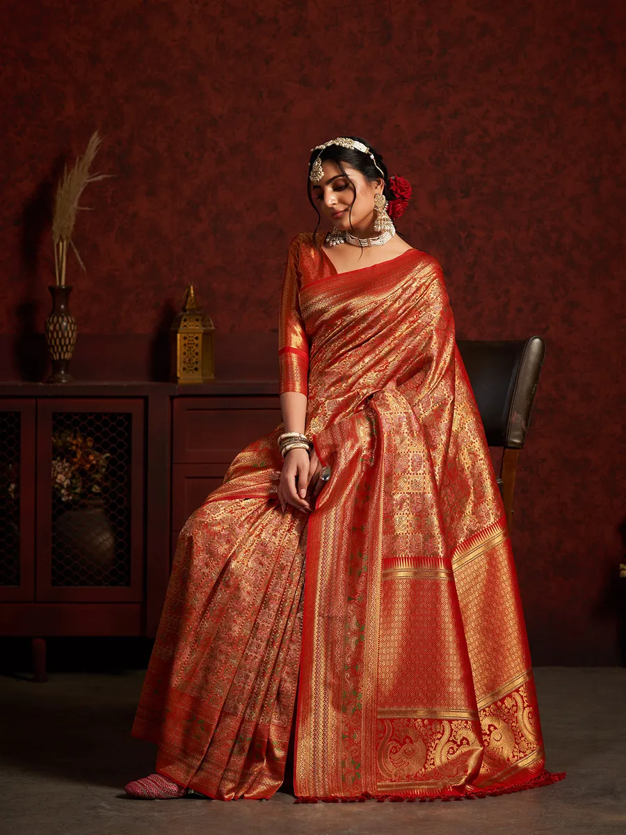 Orange zari weaving silk saree