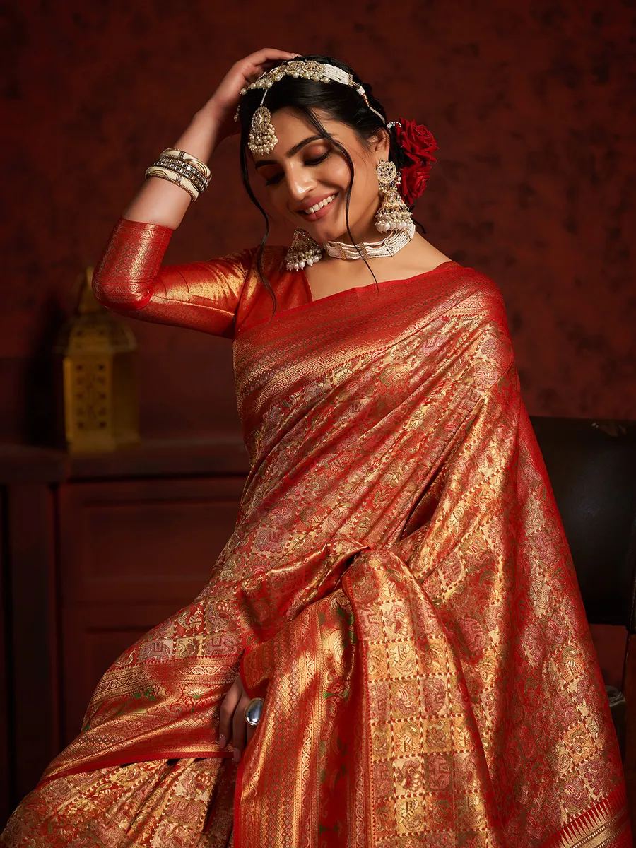 Orange zari weaving silk saree