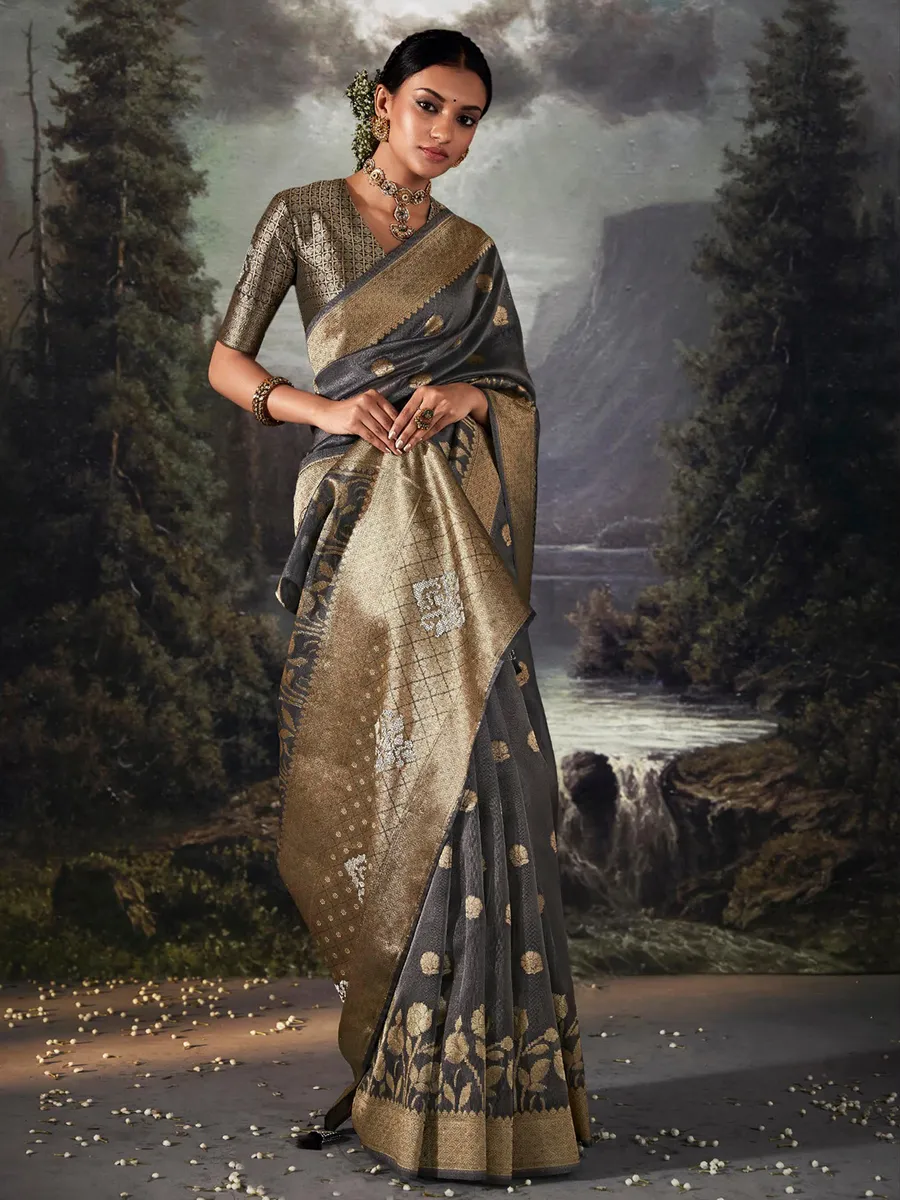 Organza zari grey  weaving saree