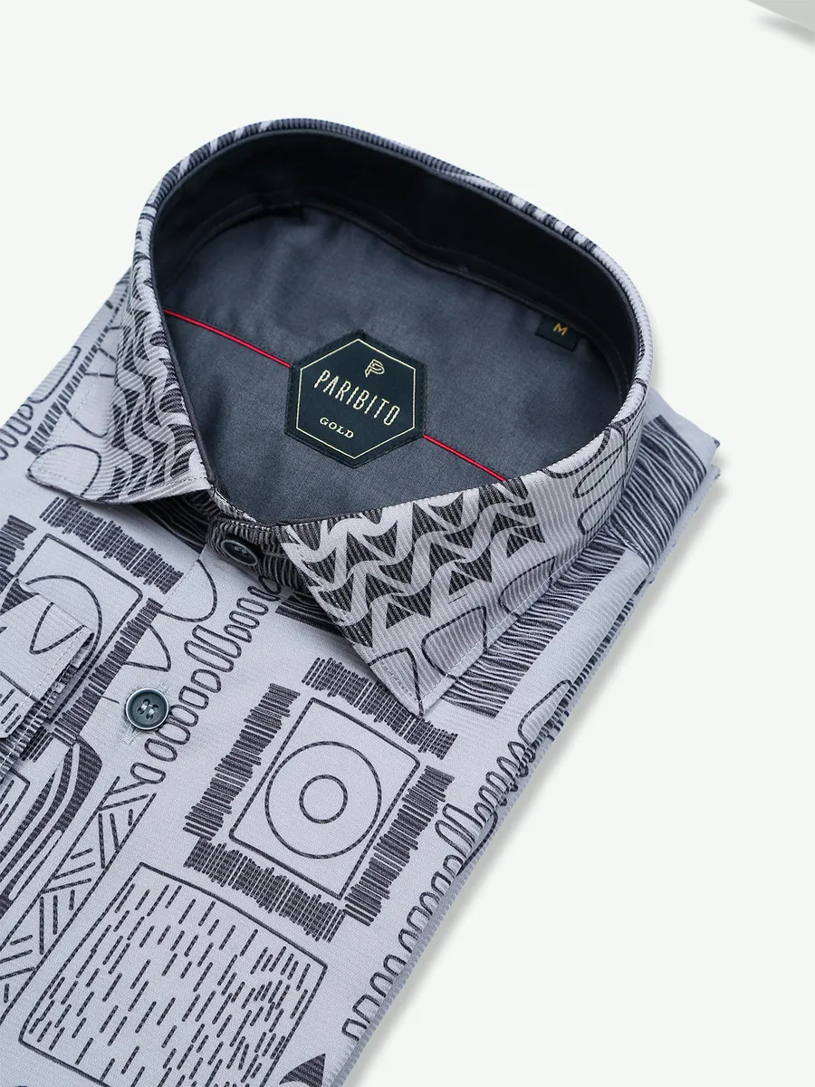 Paribito cotton slim fit grey printed shirt