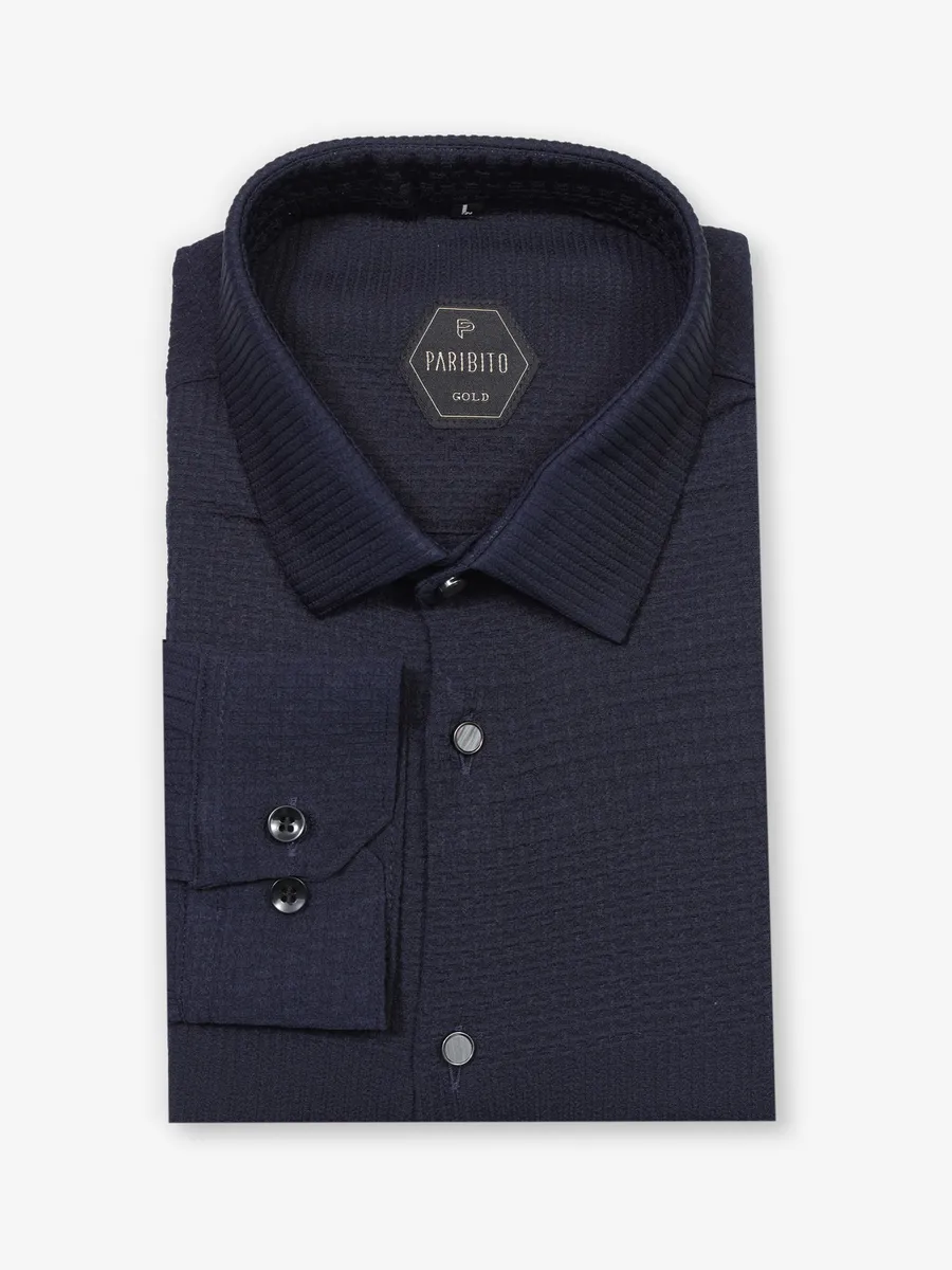 Party wear navy shirt in textured cotton