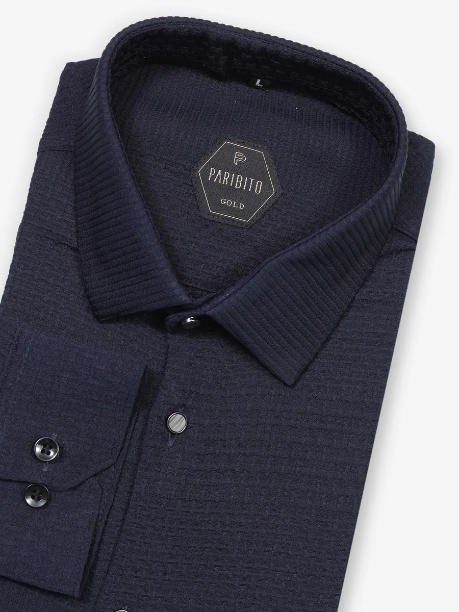 Party wear navy shirt in textured cotton