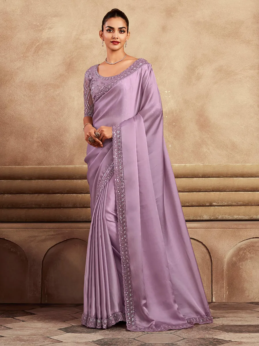 Party wear satin silk saree in lilac purple color