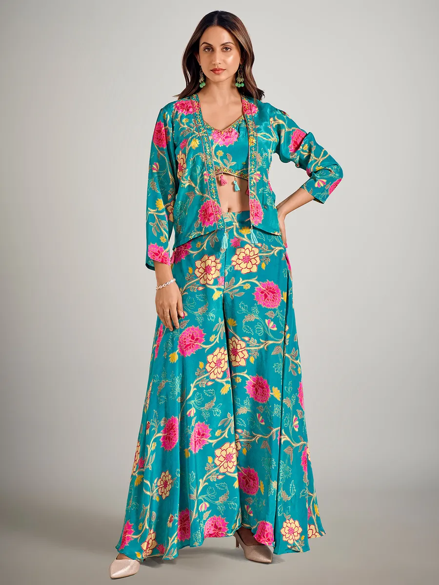 Pastel blue printed short jacket style palazzo suit