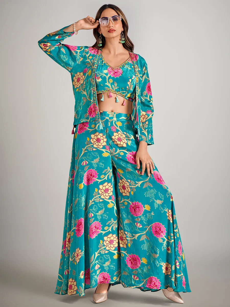 Pastel blue printed short jacket style palazzo suit