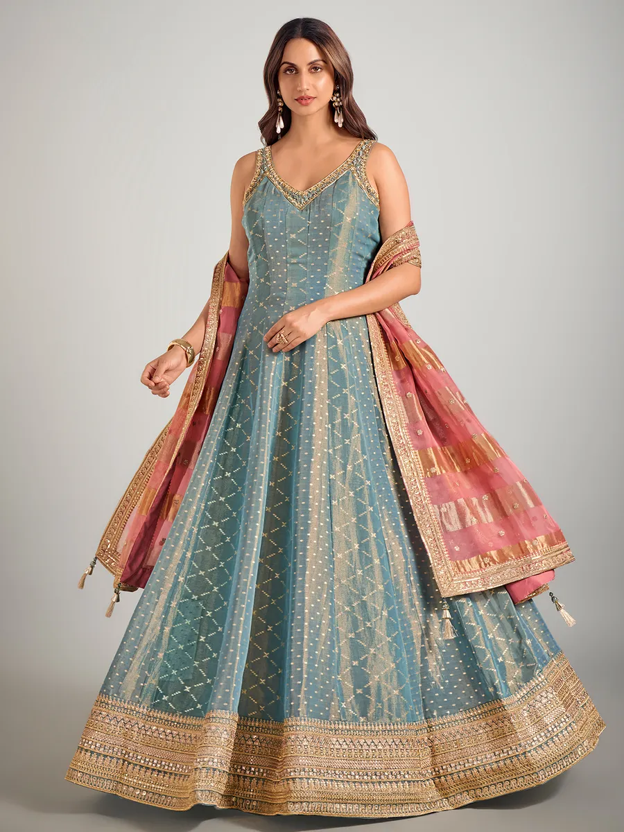 Pastel blue tissue silk anarkali suit