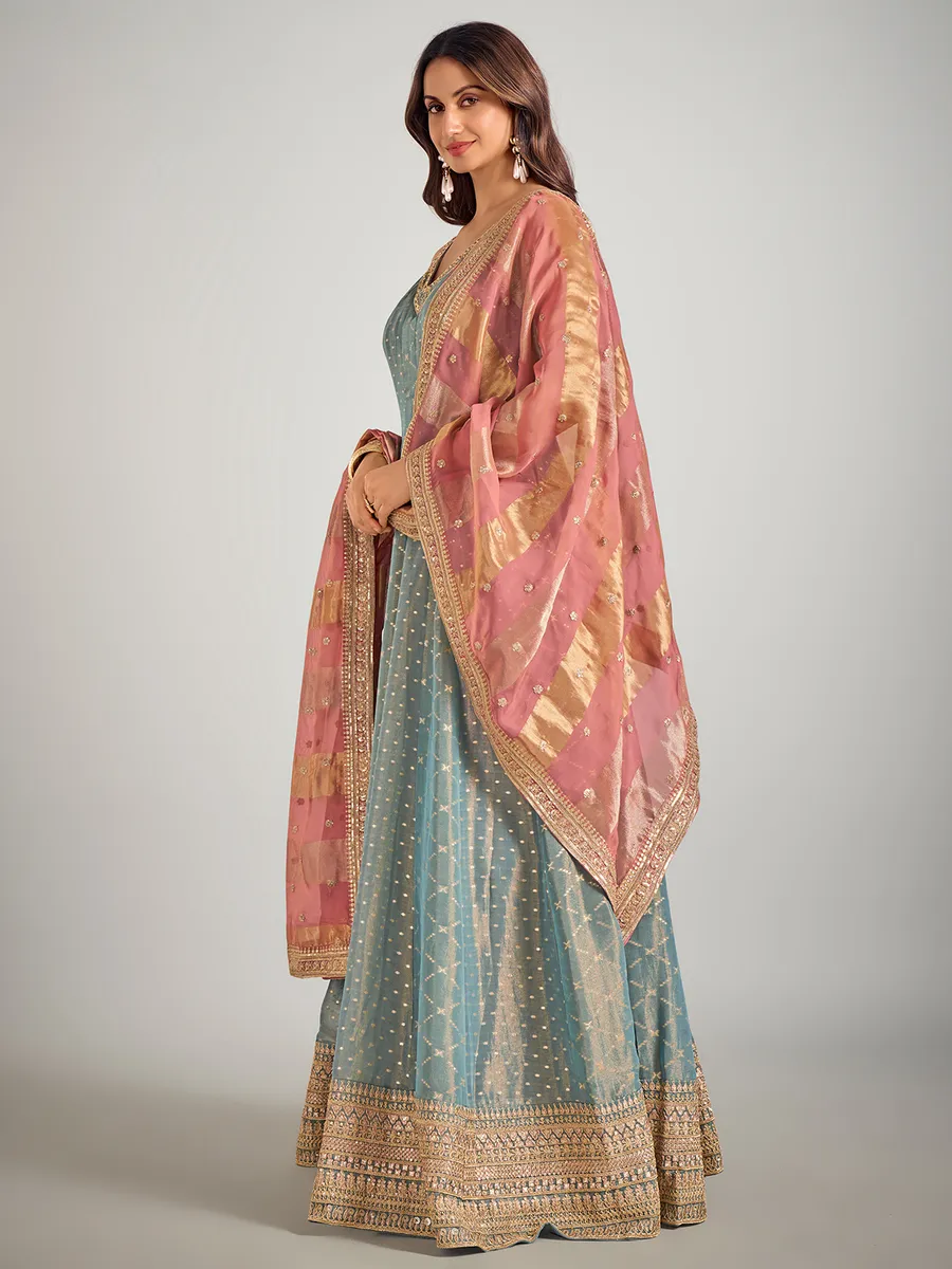 Pastel blue tissue silk anarkali suit