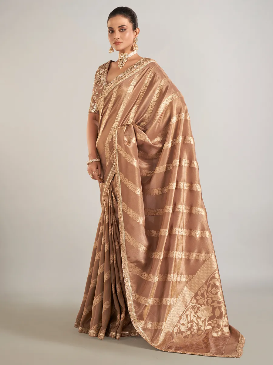 Pastel brown shimmer dola silk wedding saree