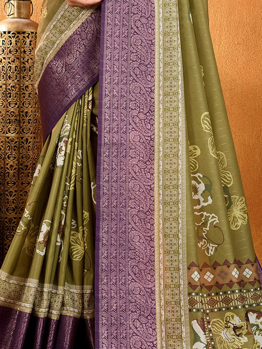 Pastel olive crepe silk saree in digital printed