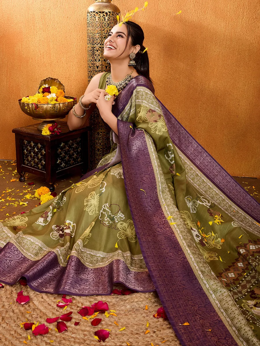 Pastel olive crepe silk saree in digital printed