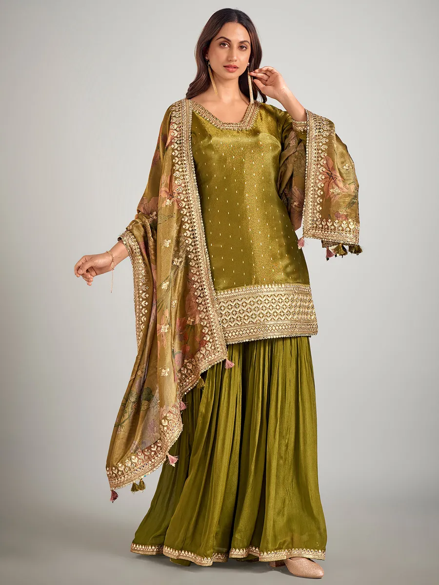 Pastel olive pakistani silk palazzo suit