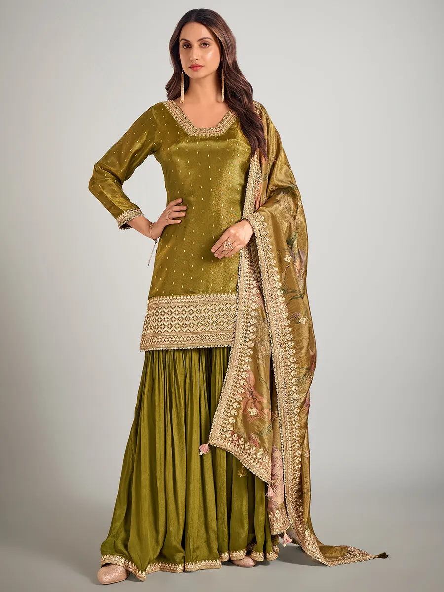 Pastel olive pakistani silk palazzo suit
