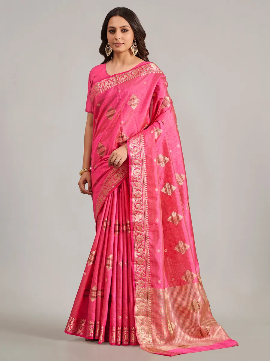 Pastel pink zari worked saree in semi silk