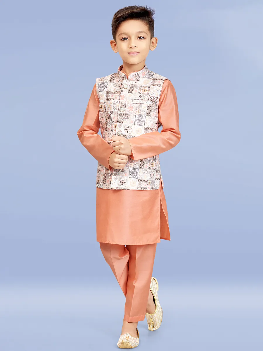Peach and cream printed waistcoat set for boy