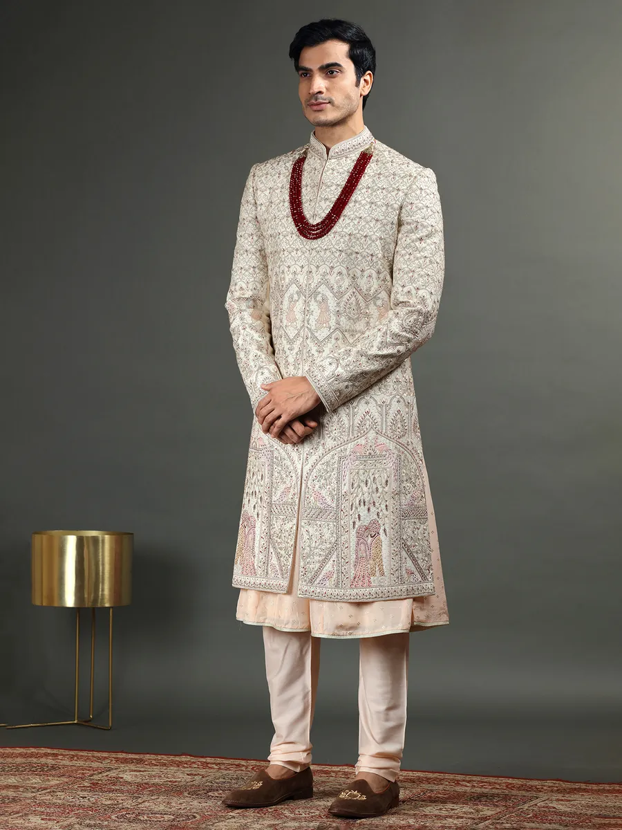 Peach and cream raw silk sherwani