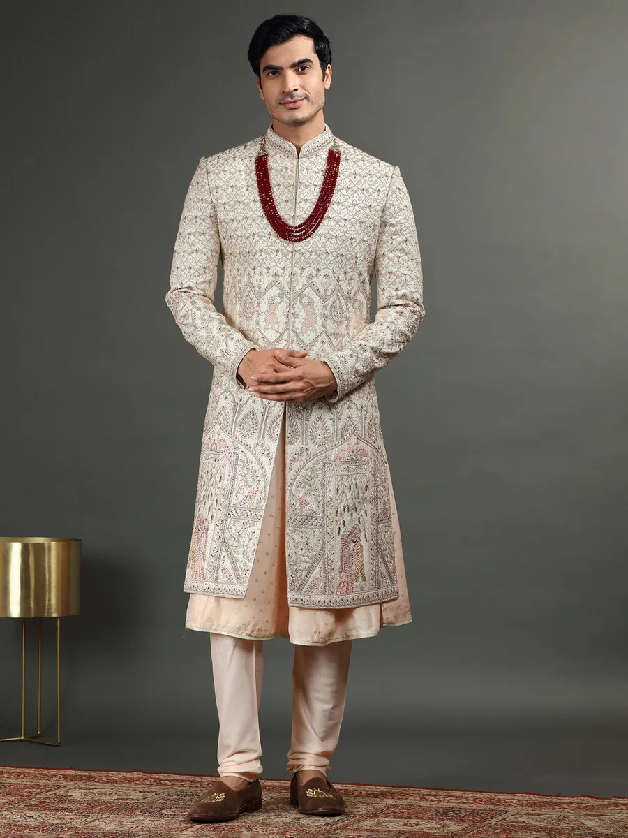 Peach and cream raw silk sherwani