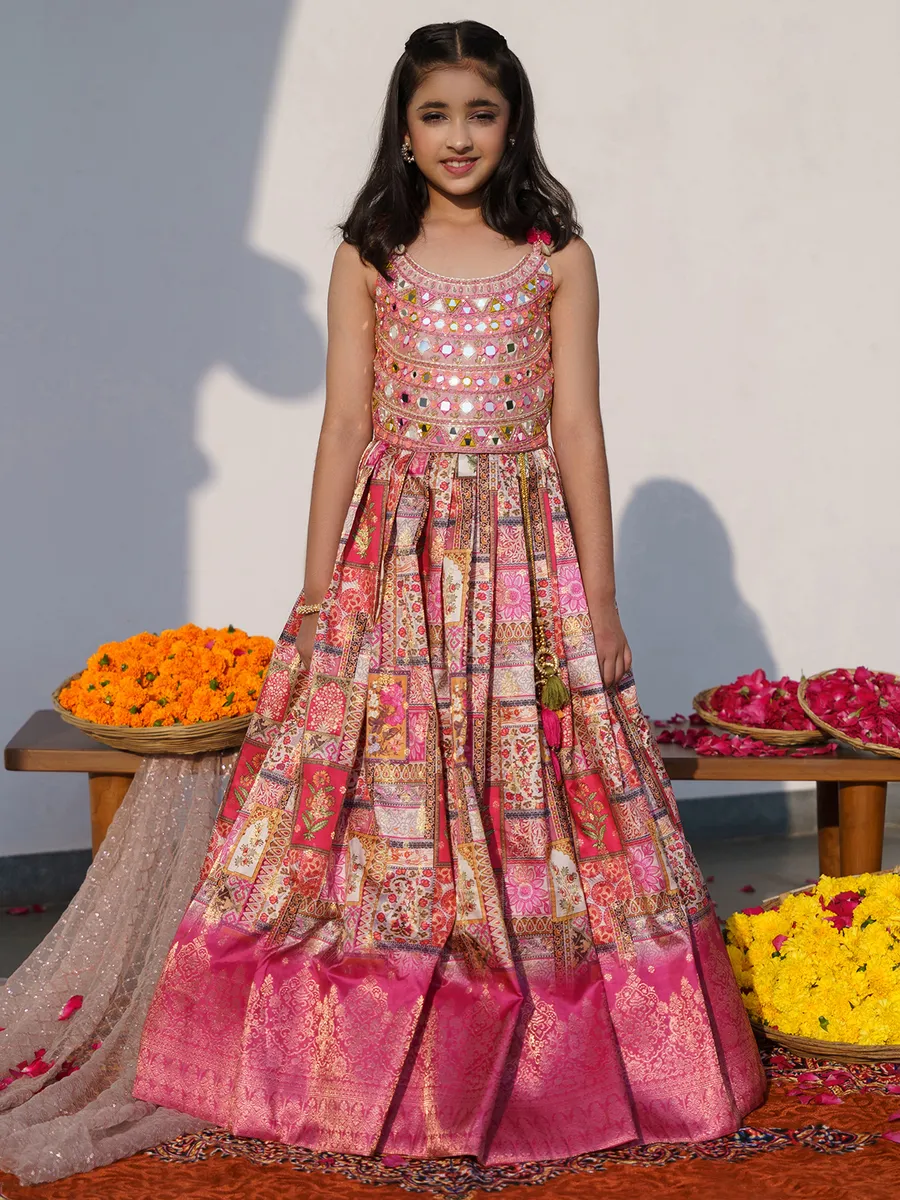 Peach and pink printed silk lehenga choli