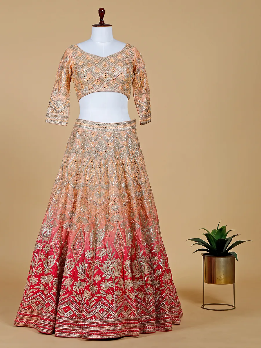 Peach and red shaded lehenga choli