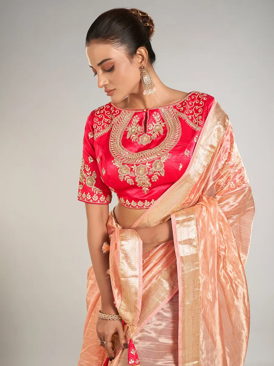 Peach banarasi tissue silk wedding wear saree