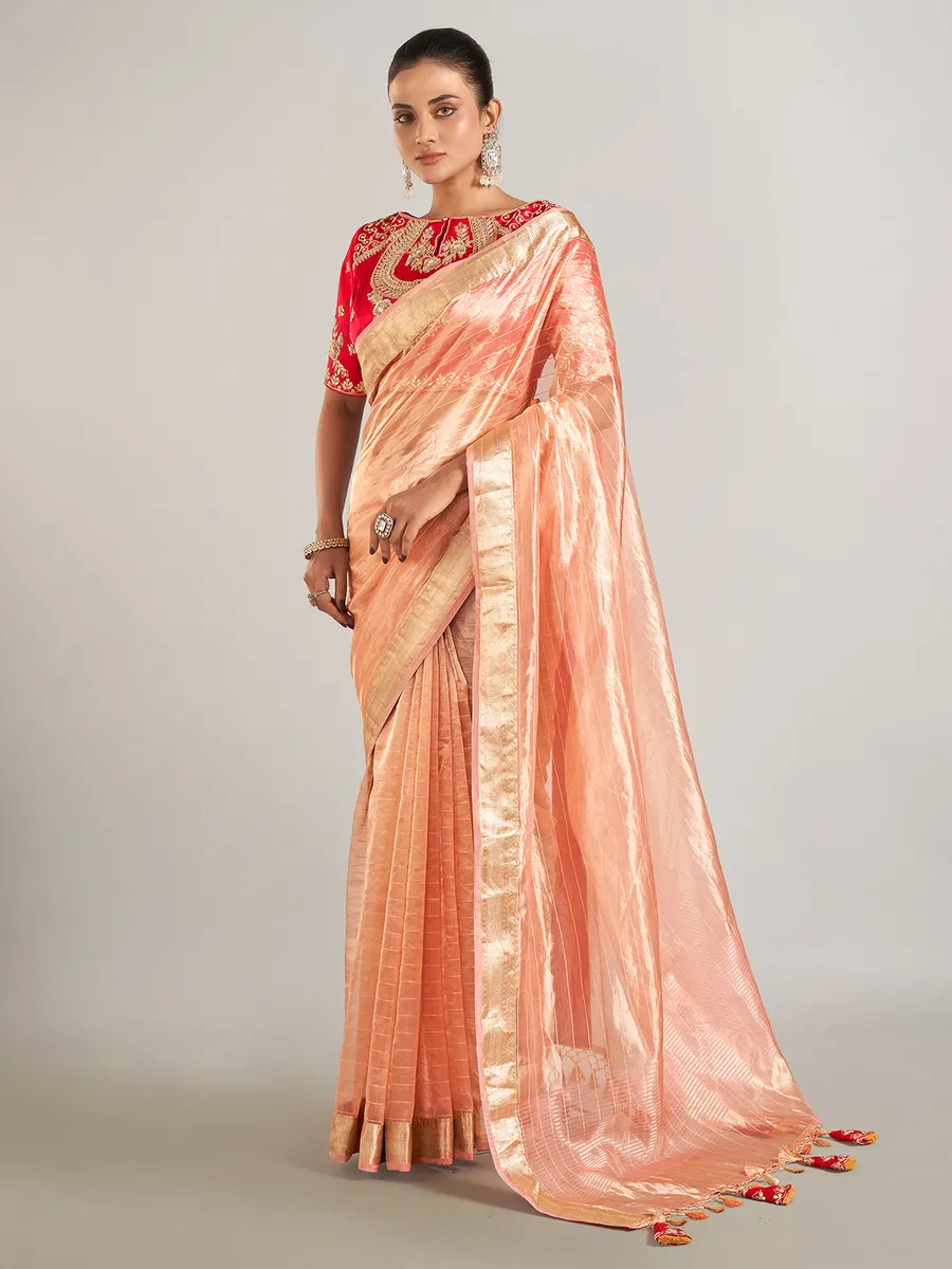 Peach banarasi tissue silk wedding wear saree