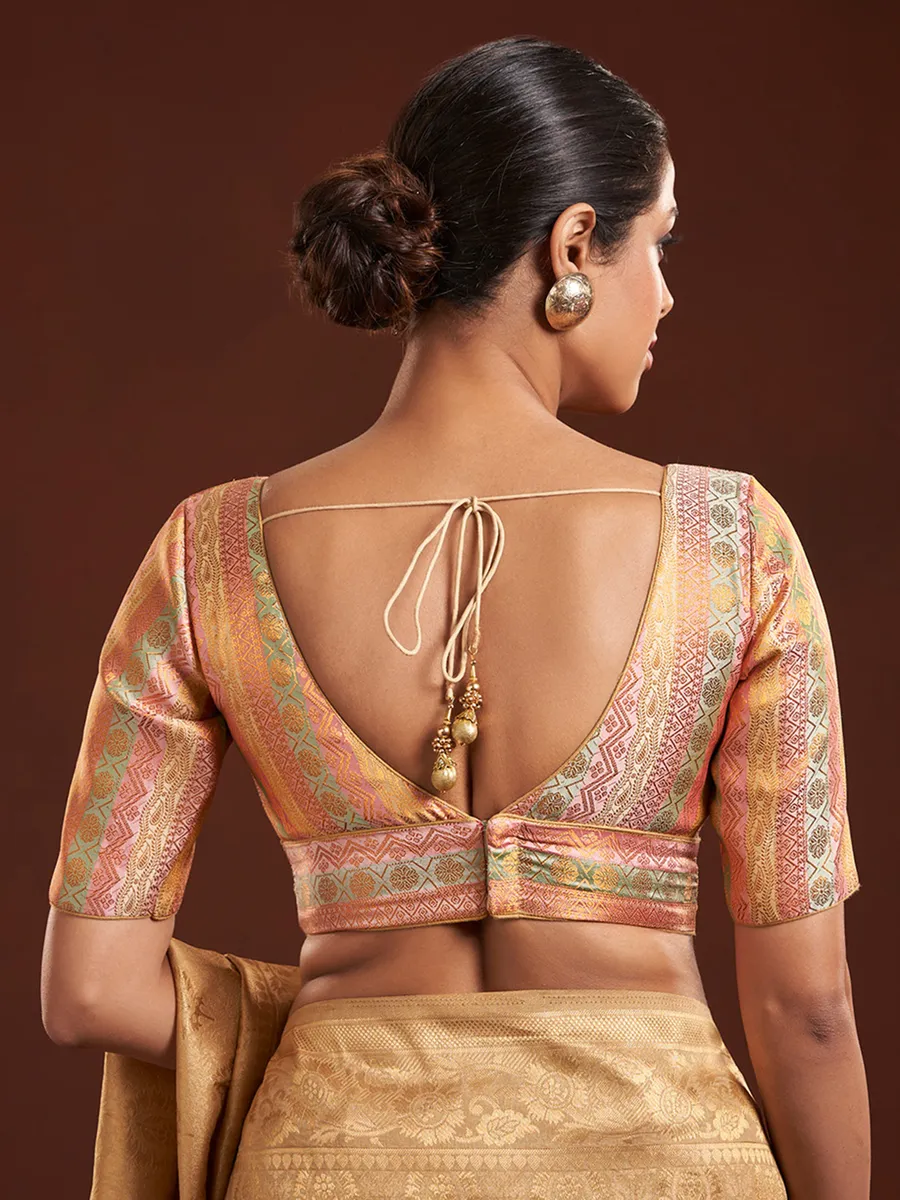 Peach brocade zari weaving blouse