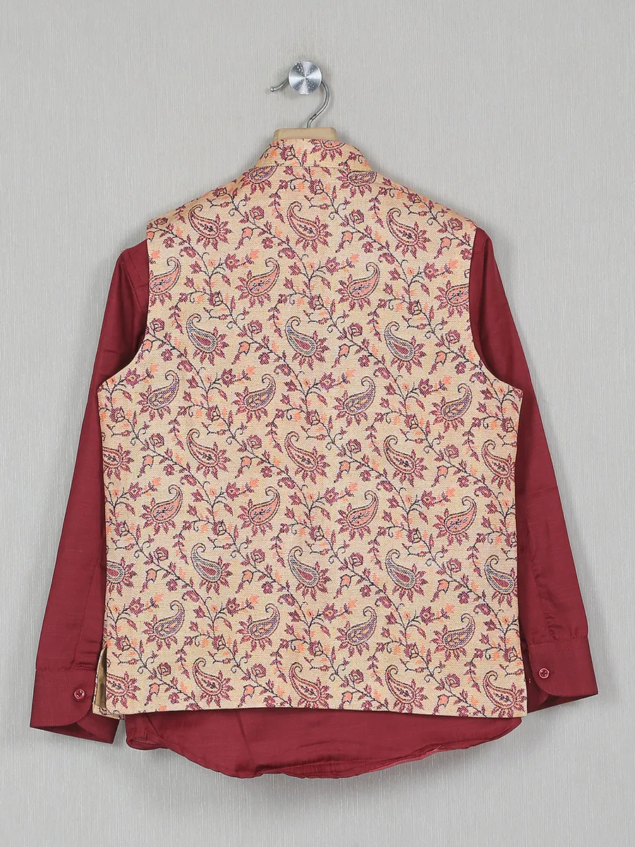 Peach color cotton silk printed waistcoat with shirt