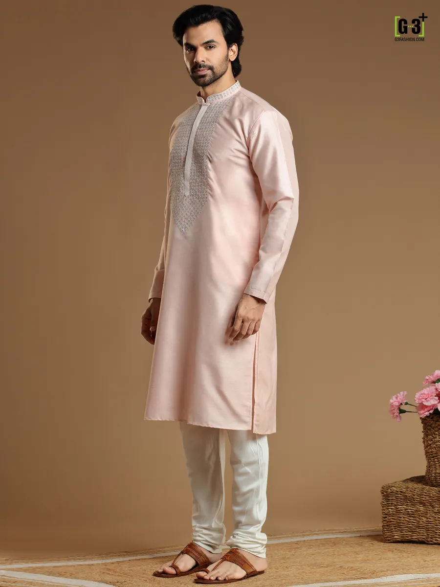 Peach color  Kurta pajama in cotton silk for men