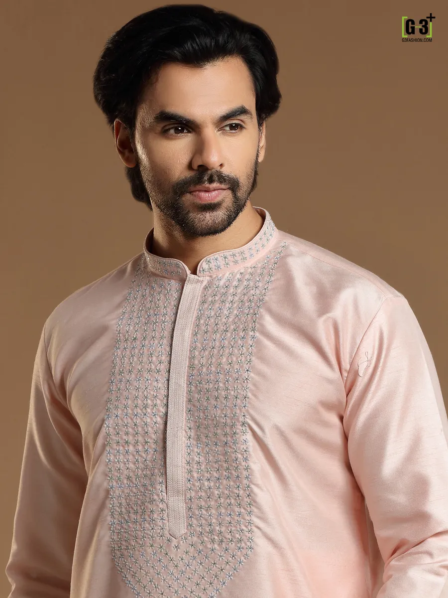Peach color kurta suit in cotton silk for men