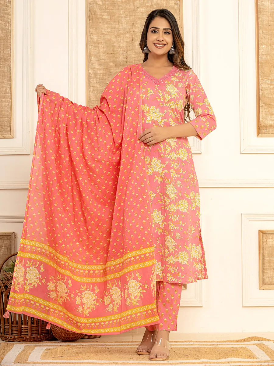 Peach cotton kurti set with dupatta