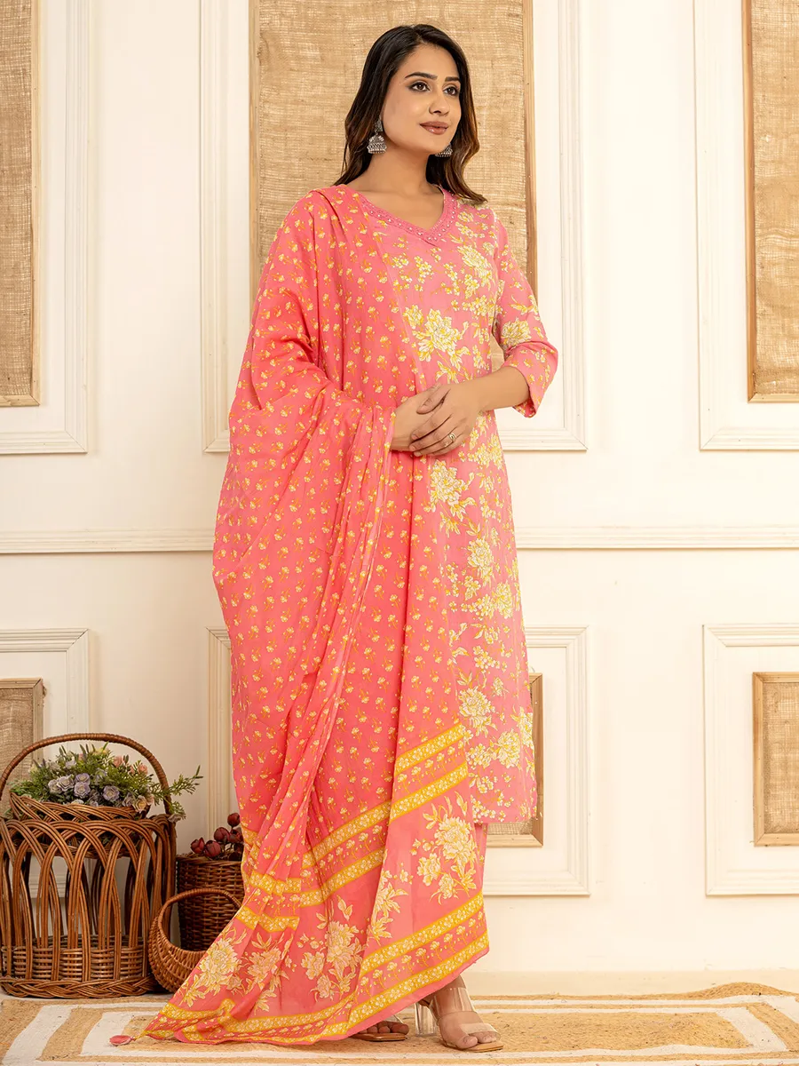 Peach cotton kurti set with dupatta