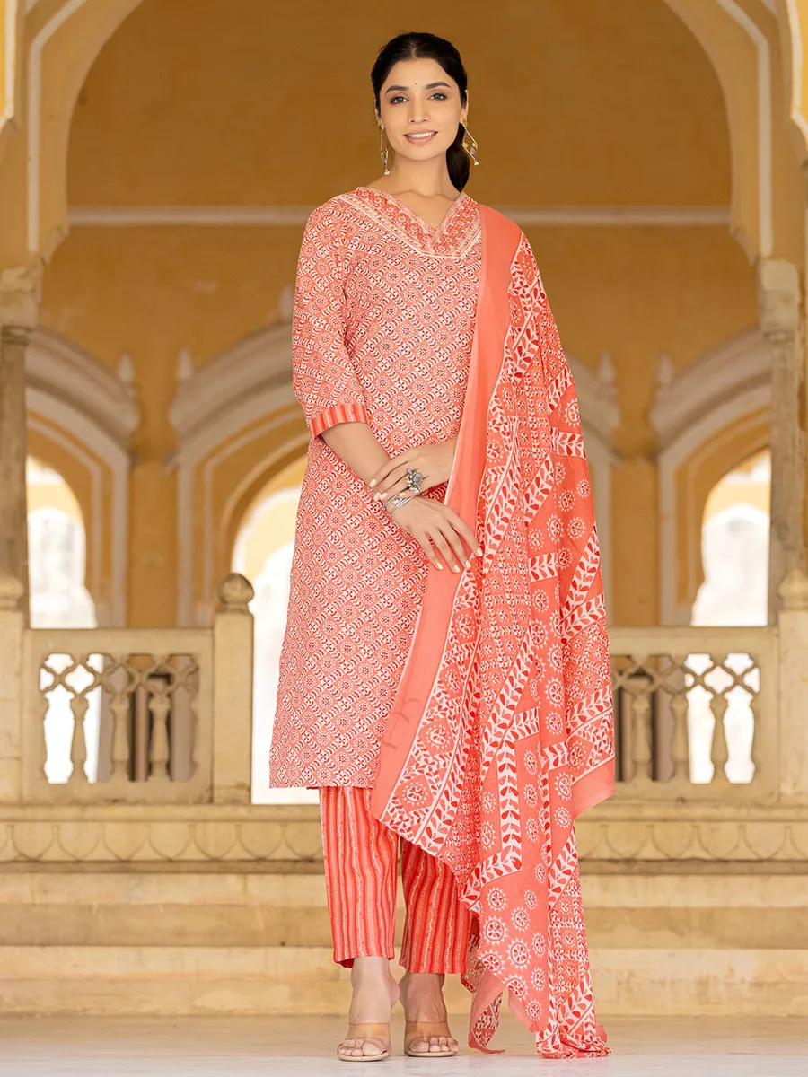 Peach cotton print kurti set with dupatta