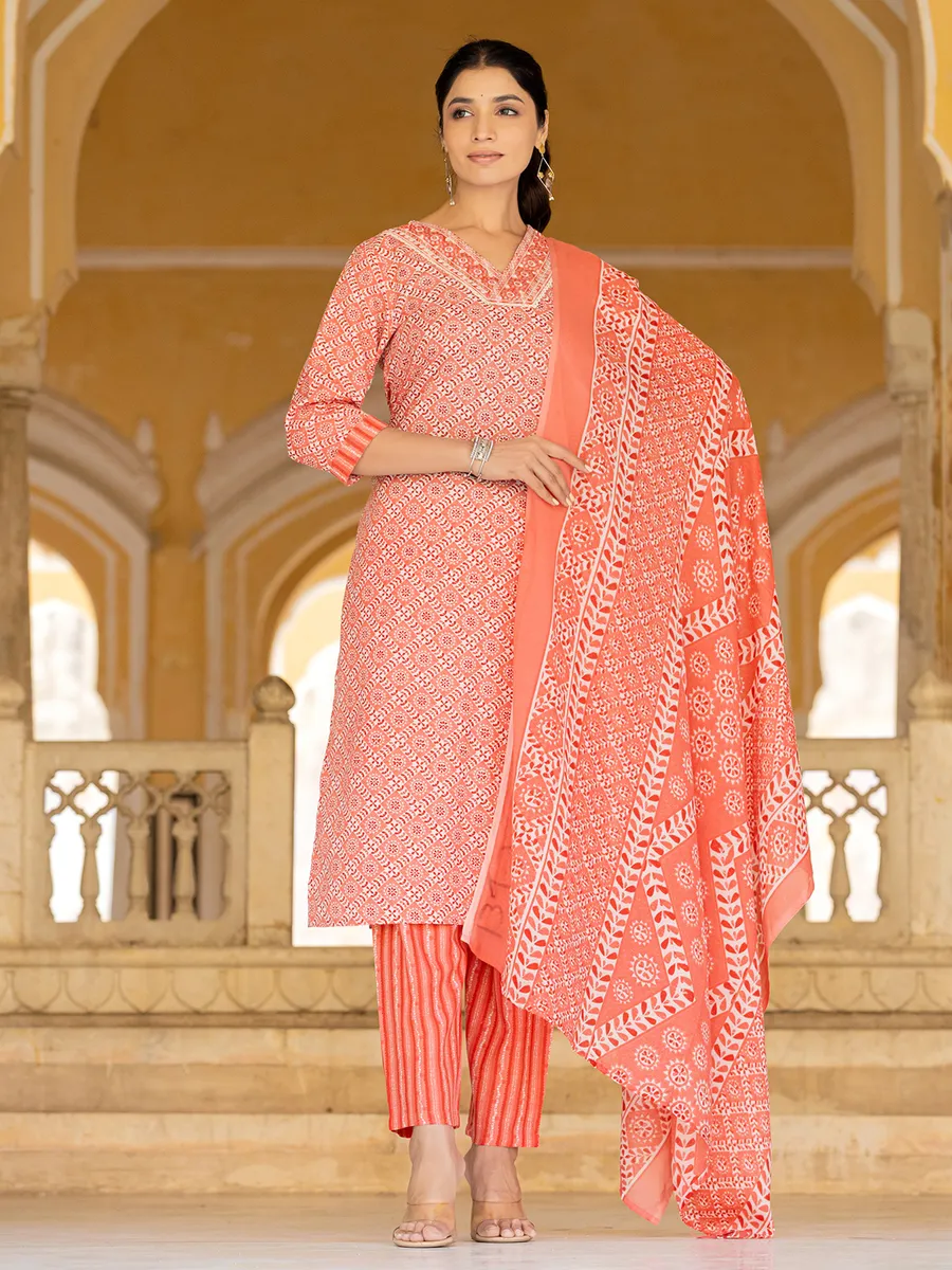 Peach cotton print kurti set with dupatta