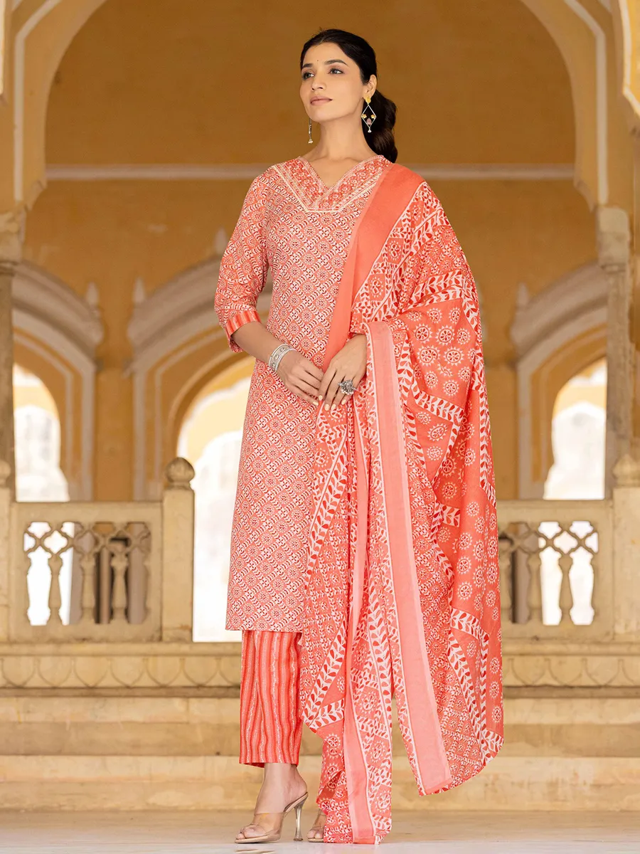 Peach cotton print kurti set with dupatta