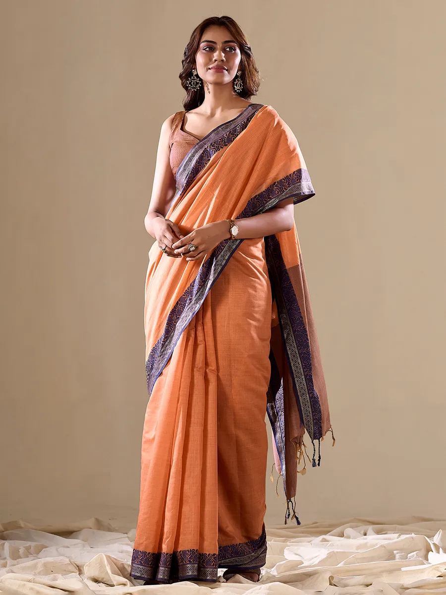 Peach cotton saree with contrast border