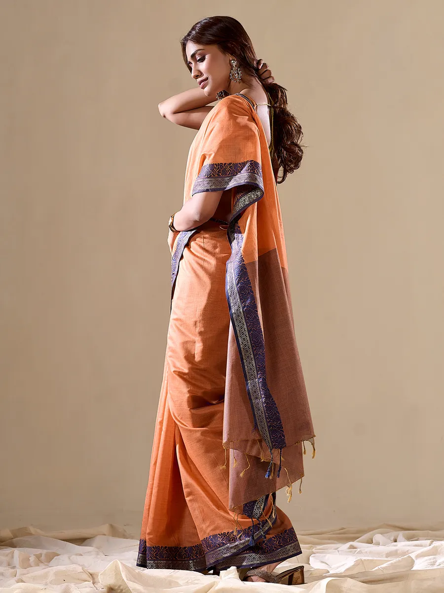 Peach cotton saree with contrast border