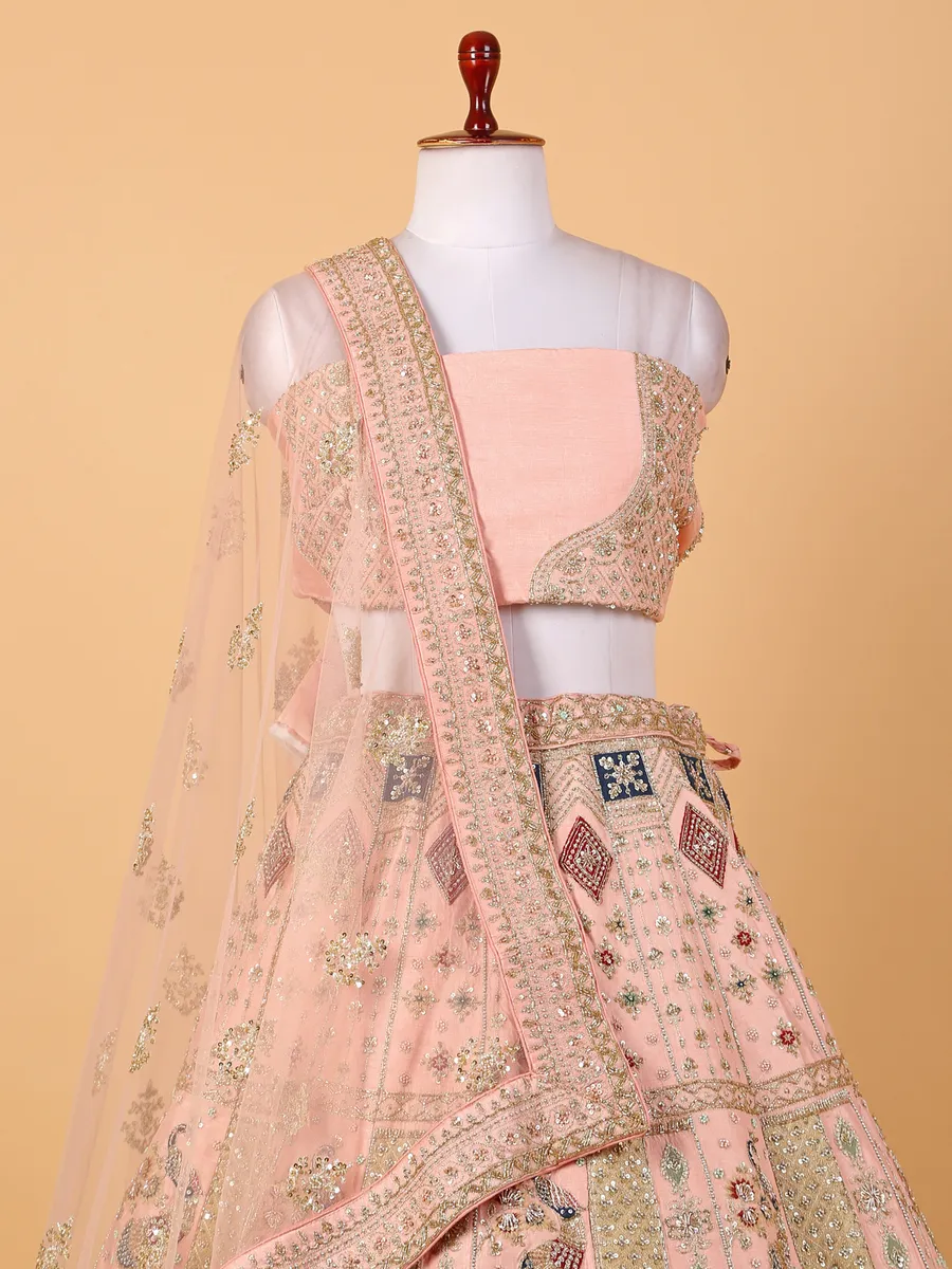 Peach embroidery raw silk bridal lehenga choli