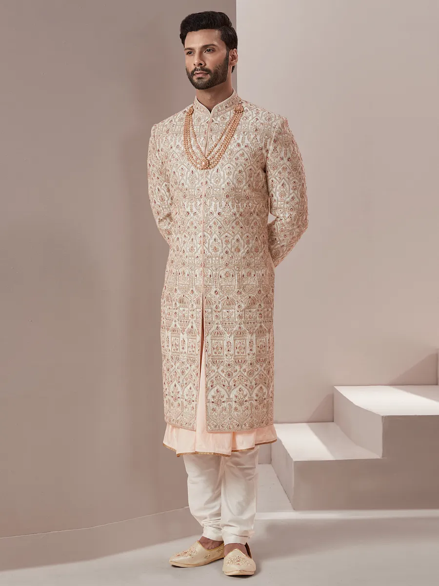 Peach fabulous raw silk groom wear sherwani