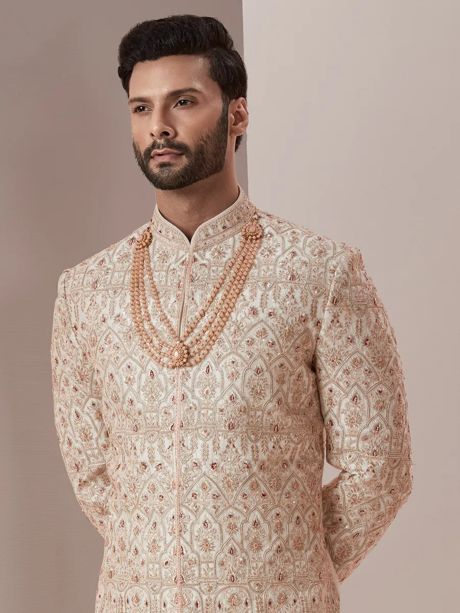 Peach fabulous raw silk groom wear sherwani