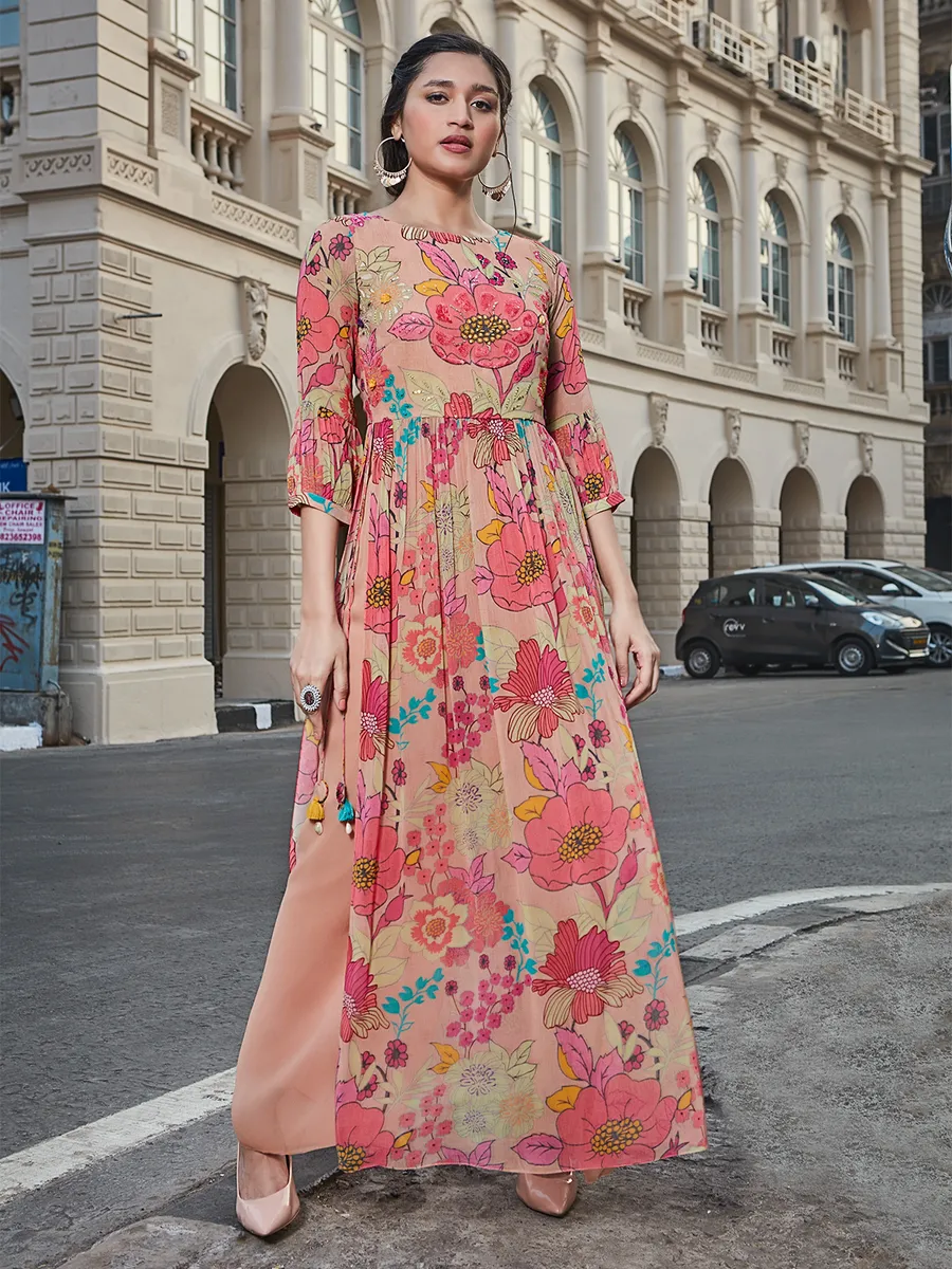 Peach floral printed kurti with palazzo