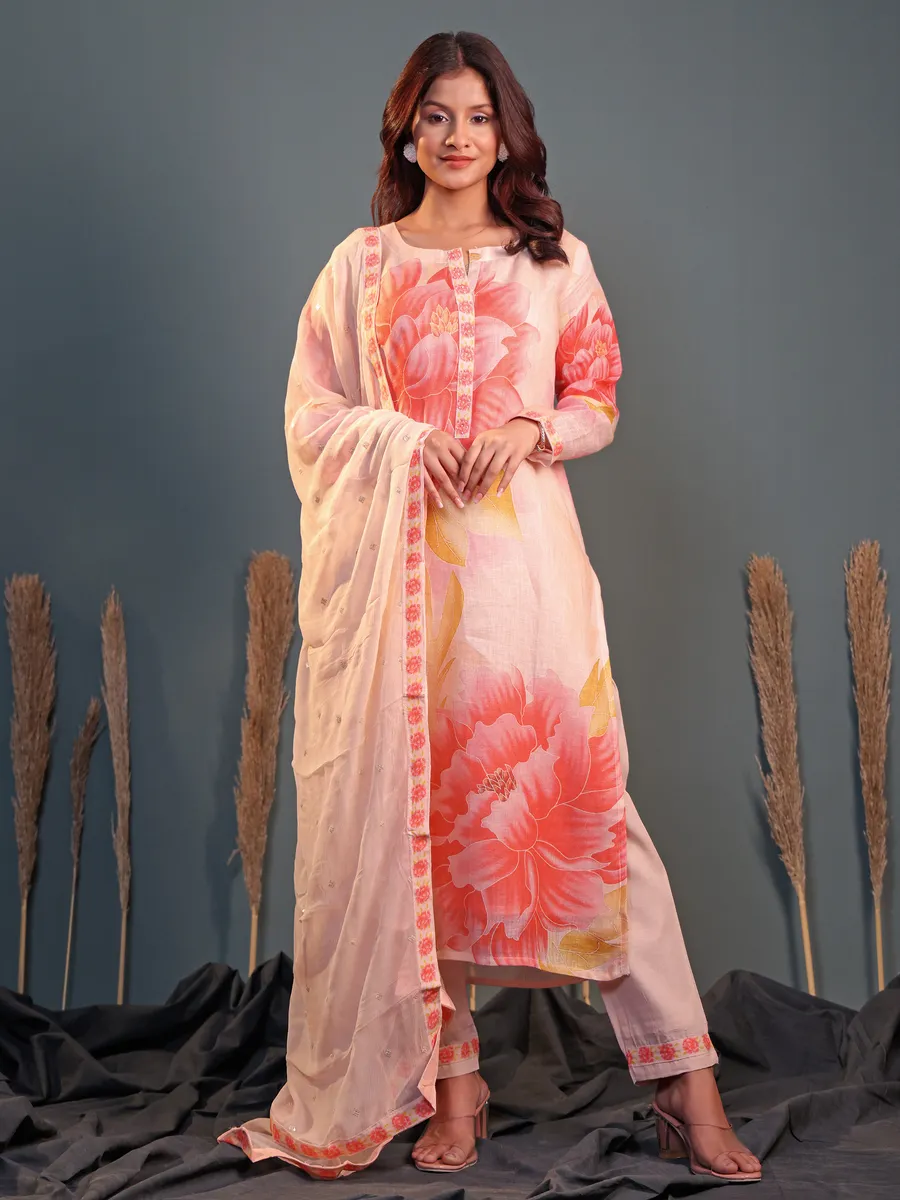 Peach floral printed silk salwar suit