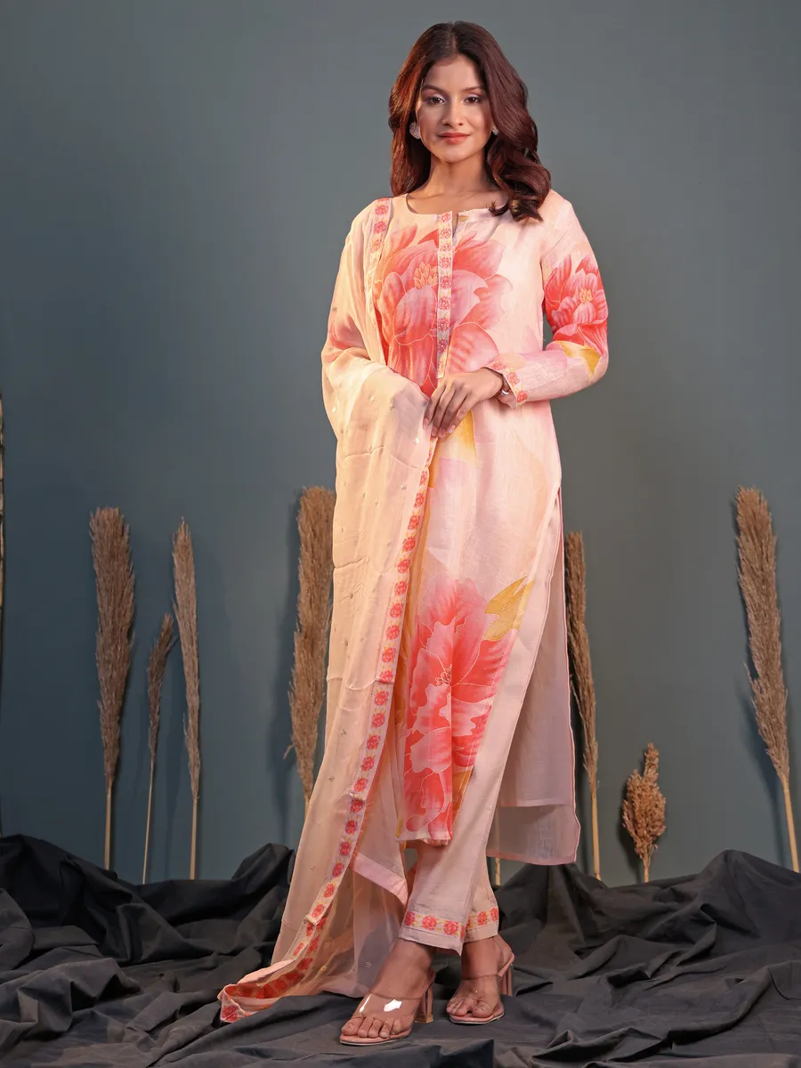 Peach floral printed silk salwar suit