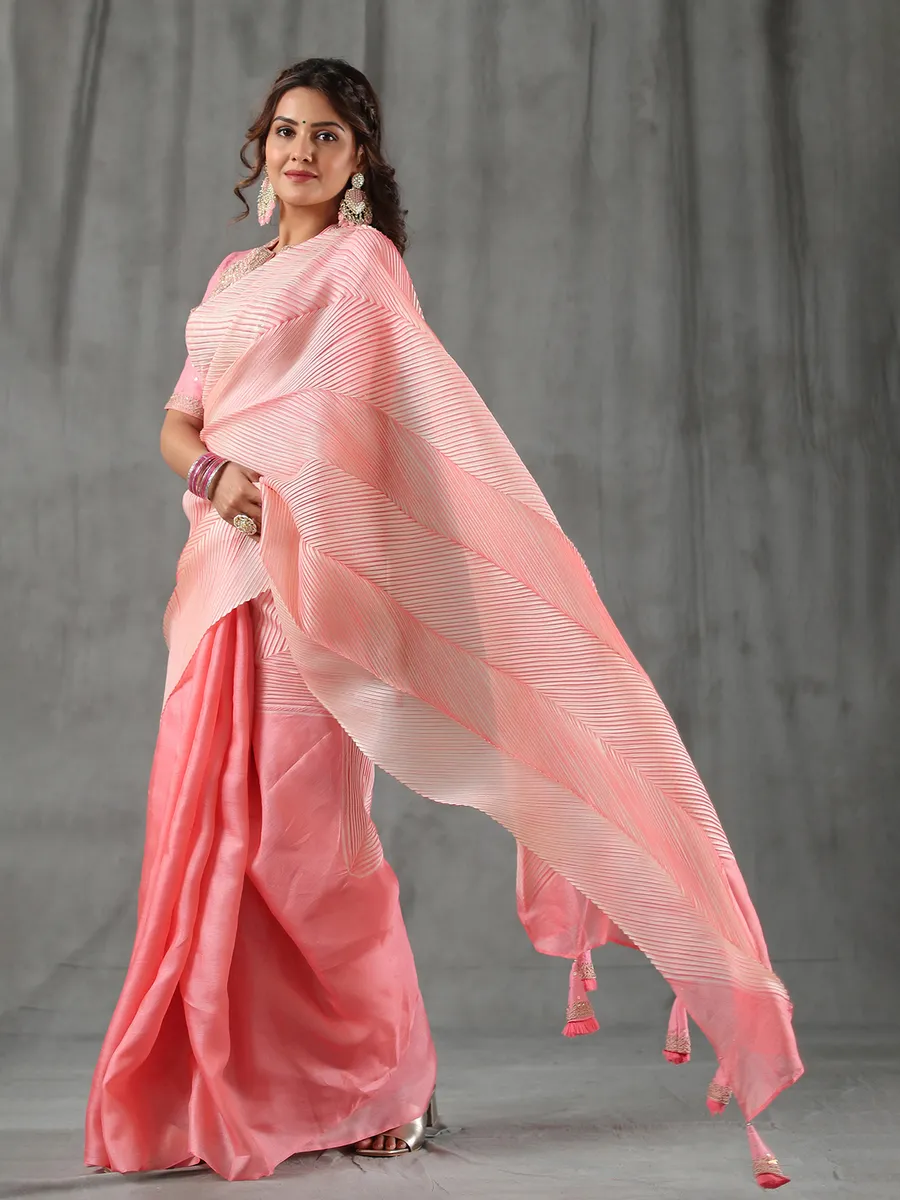 Peach half n half tussar silk saree