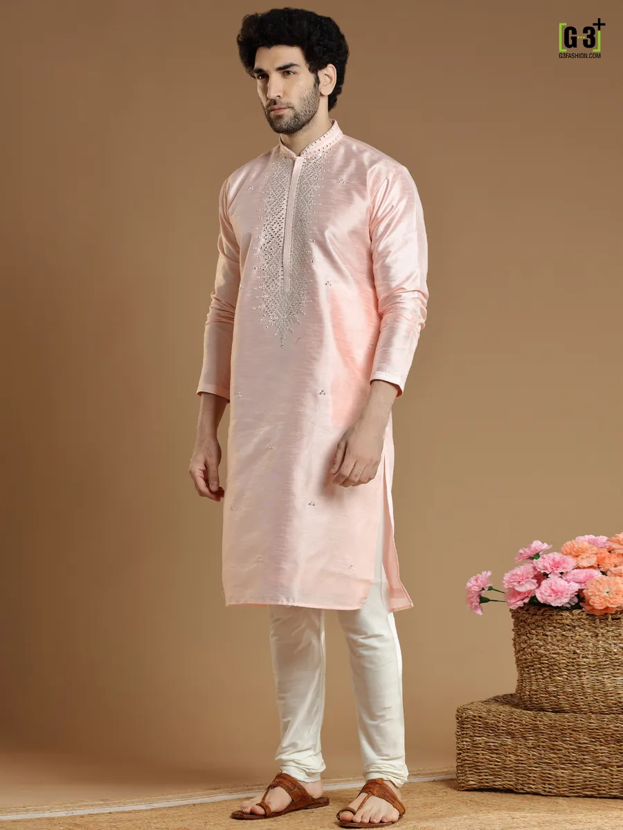 Peach hued cotton silk kurta suit for men