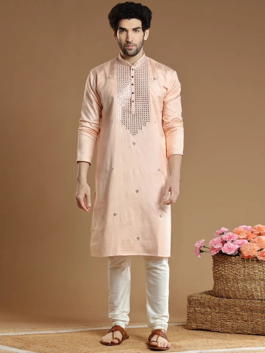 Peach hued festive wear cotton silk  Men Kurta pajama